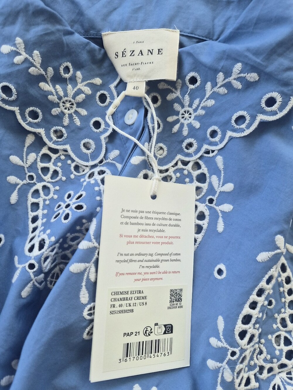 *NWT* [Sezane] Elvira Blouse in Cream Chambray, Size 40/8 - Picture 5 of 12